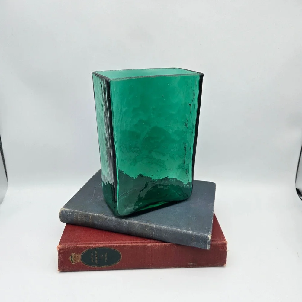 Vintage Early Blenko 3732 Pillow Vase Sea Green Textured Rectangular Art Glass